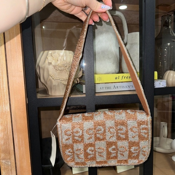 Anthropologie Fiona beaded shoulder bag bows metallic bronze mixed coquette - Picture 5 of 7